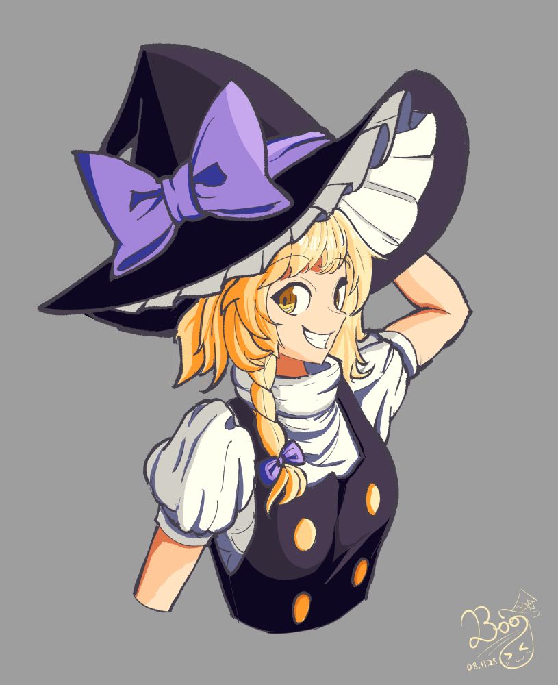 marisa from touhou project, witch hat with purple bow, blonde hair and amber eyes, white undershirt with black vest ontop