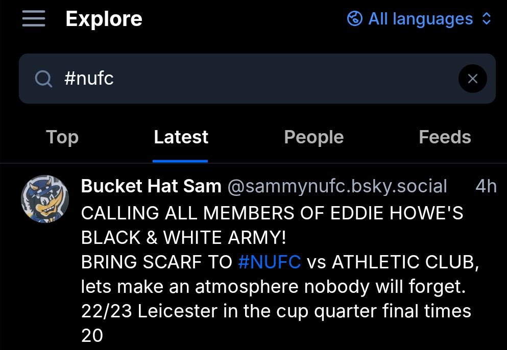 A search using the app for #nufc