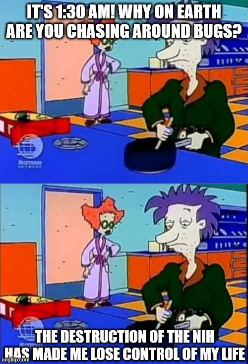 A meme template from the old TV show Rugrats. This scene was originally when Stu Pickles was making chocolate pudding for Angelica at 4:30 AM.

Top panel text: It's 1:30 AM! Why on earth are you chasing around bugs?

Bottom panel text: The destruction of the NIH has made me lose control of my life.
