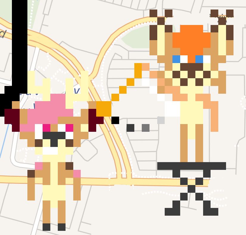 Pixel art on wplace showing a pink anthro deer staring at a swinging pocketwatch, which is being swung by an anthropomorphic lynx standing on an elevated platform