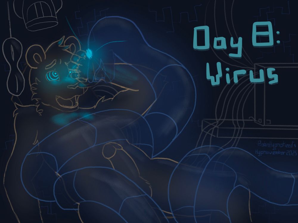 An anthropomorphic bear, Willy from the game Memory Leak, lays back in his chair, completely naked with a boner. He looks nervously up at the eyes of a snake-like wyrm who has coiled around his legs and body and is hypnotizing him with its cyan glowing eyes. Cyan rings are through Willy’s eyes. His VR headset hangs next to him, as wires connect through his chair to a PC and into the wall. The snake is partially translucent, because it only exists in Willy’s mind. It’s been downloaded there as a virus after Willy had some intranet escapades. 