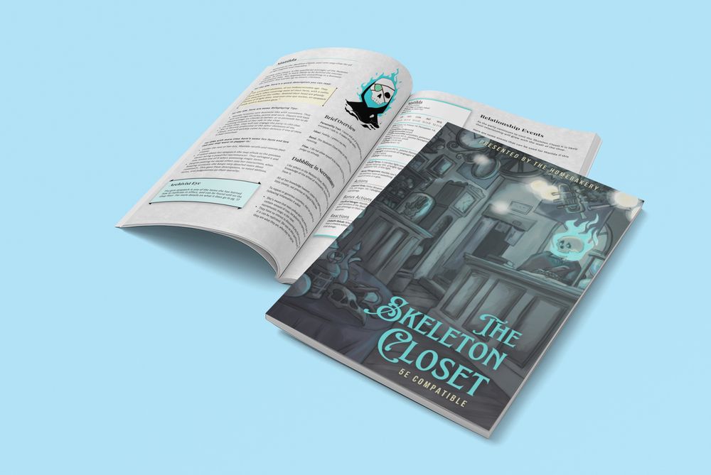 The front cover of the Skeleton Closet, behind it is a two-page spread. Both feature a skeleton