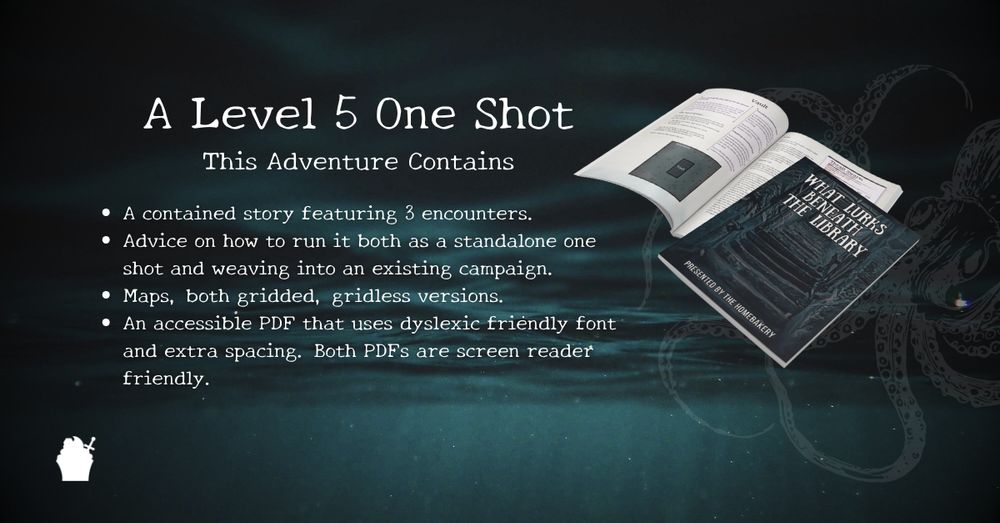 A Level 5 One Shot 
This Adventure Contains: 
A contained story featuring 3 encounters.
Advice on how to run it both as a standalone one shot and weaving into an existing campaign.
Maps, both gridded, gridless versions.
An accessible PDF that uses dyslexic friendly font and extra spacing. Both PDFs are screen reader friendly. 