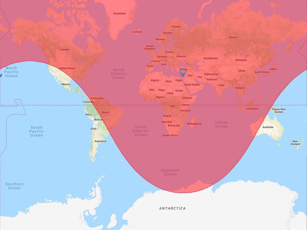 Global map showing a huge red swath covering most of the world except for the eastern 2/3 of Australia, the west/southwest of the US, and the western side of South America 