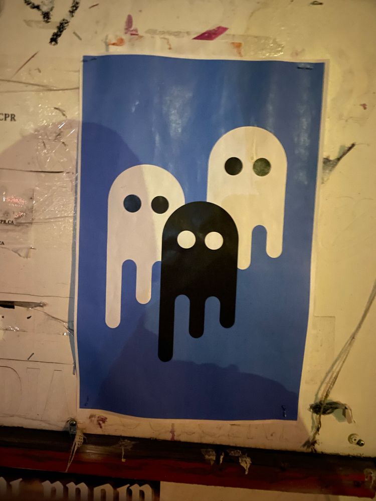 Poster of three melting ghost sticker images, blue background