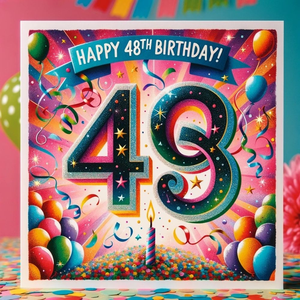 A 48th birthday card generated by ChatGPT. It features a stylised "48" against a varied and colourful background. The words "Happy 48th Birthday" are at the top.