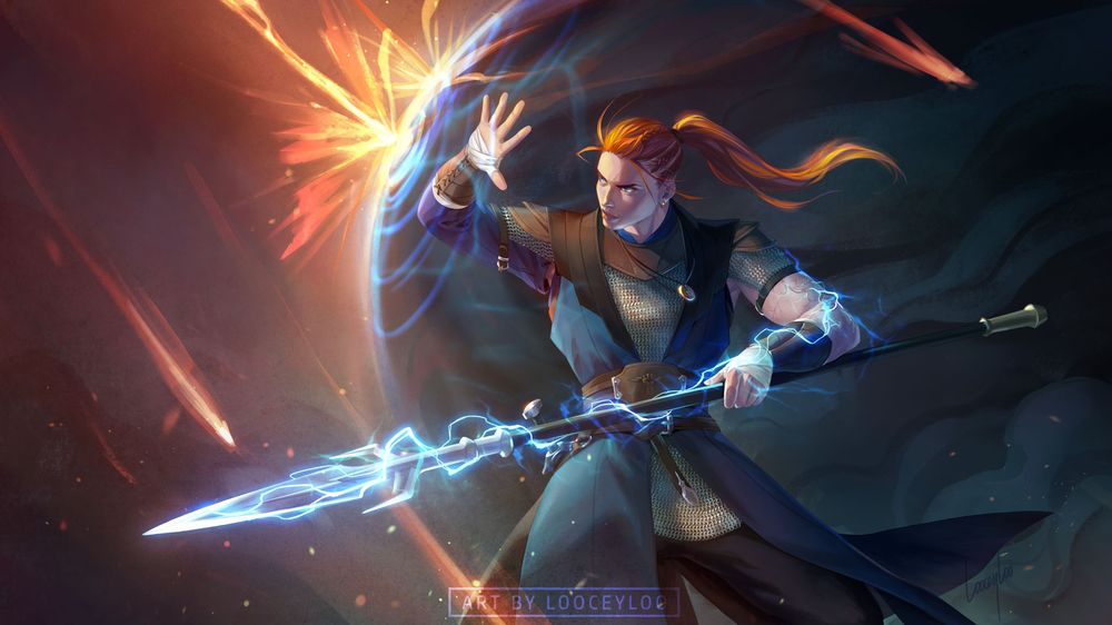 Digital art of Thyra, my D&D character, who is a pale skinned human with flaming red hair pulled back in a high ponytail. She wears a mixture of leather and chainmail armour, underneath a sleeveless blue overcoat. The arm she uses to wield her spear is bare, showing a network of lightning scars.
Thyra is smirking with satisfaction as she parries a volley of magic missiles with shield magic of her own. Her large spearcrackles brightly with lightning magic.
