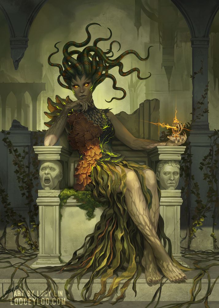 Fanart of Vraska, a Planeswalker from Magic the Gathering. She is a pallid woman with glowing golden eyes and head full of green and orange snakes for hair. She wears a dress of fungi and greenery. She lounges comfortably on a dilapidated stone throne, and holds the Thaumatic Compass in one hand.
