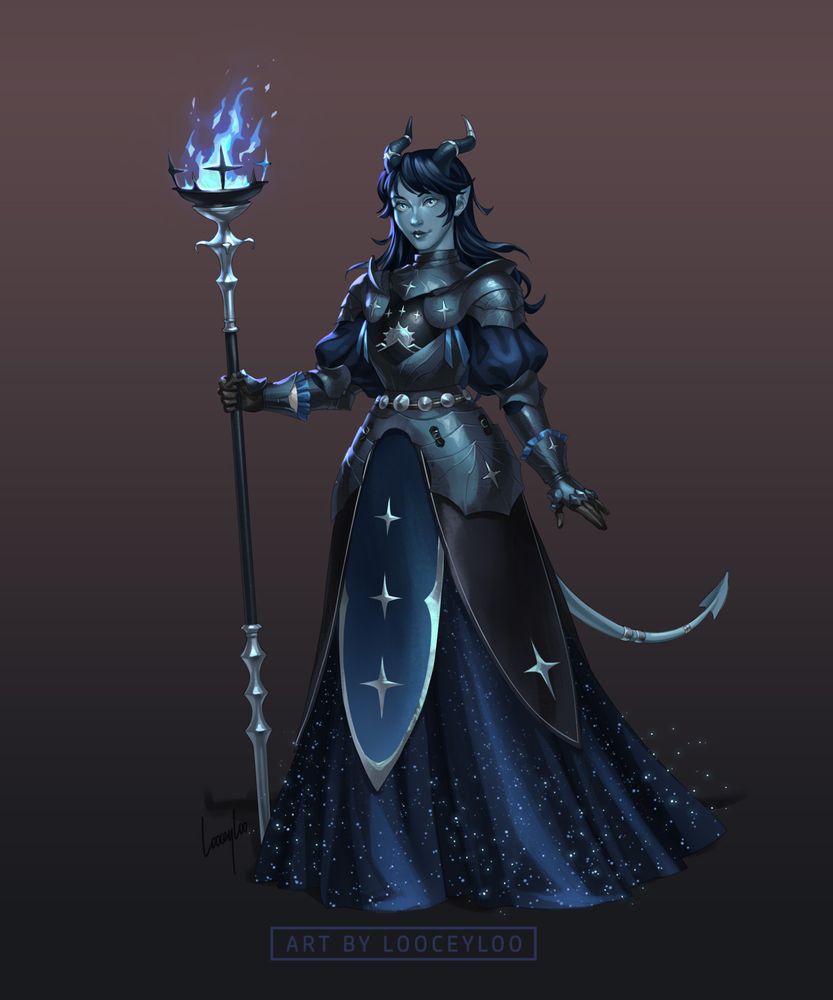Fullbody art of a pale blue-skinned tiefling with dark navy hair and horns that swoop back from her head. She is dressed in a flowing navy gown sparkling with glitter. Over top, she wears heavy plate armour with her family's crest on it. In her right had she wields a staff topped with a pyre that burns with a pale blue flame.