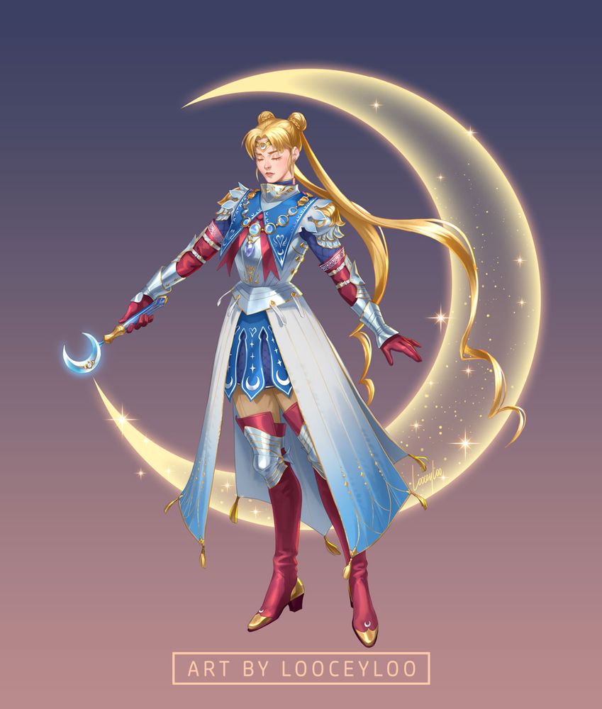 Fullbody artwork of Usagi/Serena aka Sailor Moon. She is wearing silver armor set in a euro-fantasy style, over blue and red clothing. There is a sparkling moon behind her