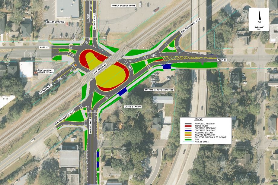 Plans for an updated grade crossing at the CSX A-Line in Jacksonville. A large roundabout is built in the center of the tracks.