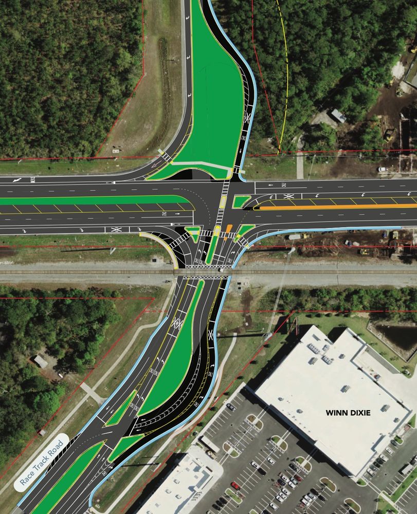 The future intersection of Race Track Road and US-1, according to FDOT plans to improve the existing intersection. The intersection cuts through the FEC Railway.