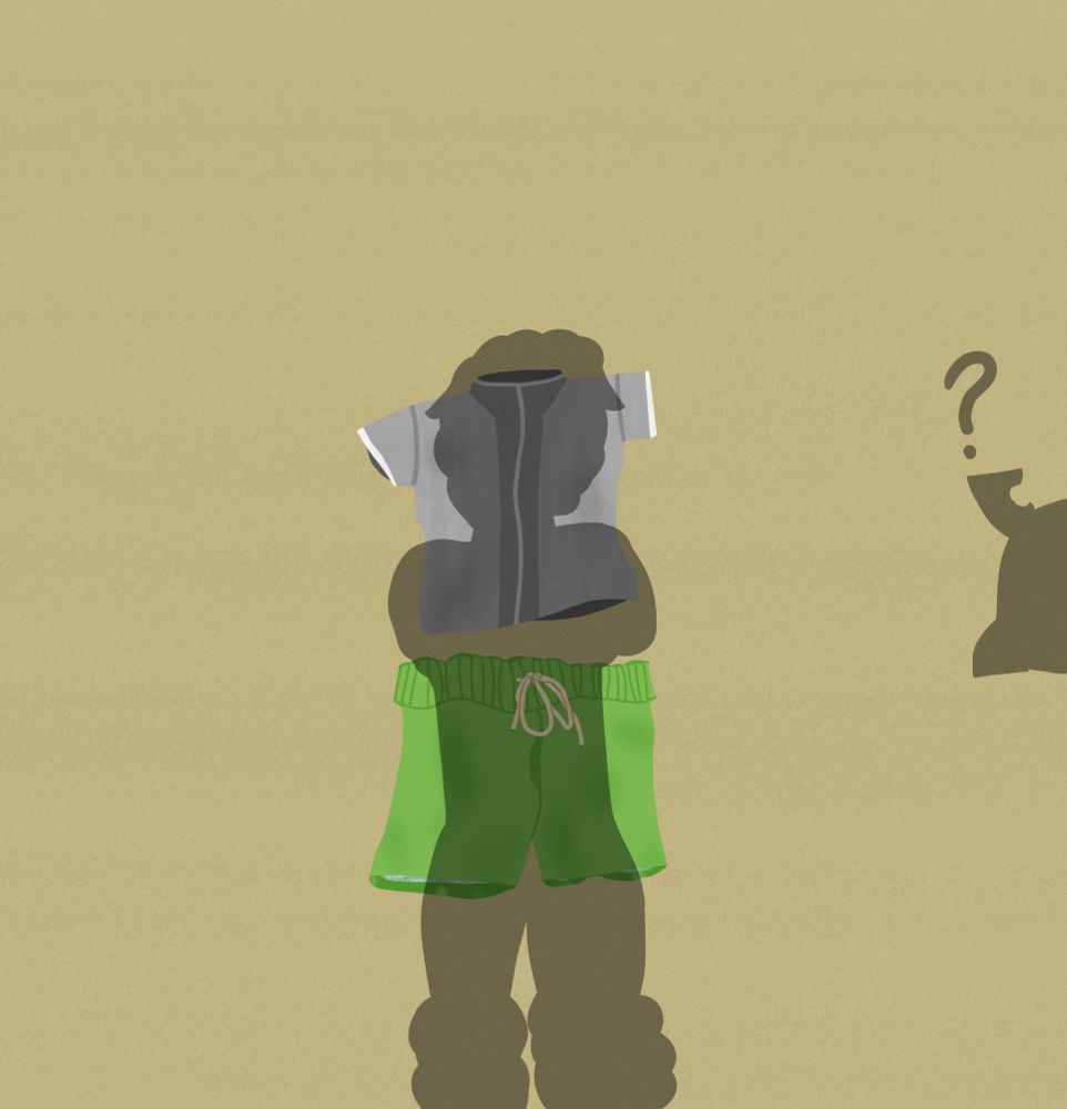 Art of shadow over a bathing suit trend, shadow of an anthro sheep looking over a pair of green swim trunks and a grey swim shirt. A shadow of a head of someone else is peeping in from the side with a question mark shadow over it.