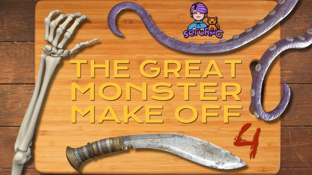 Picture of a chopping block with a skeleton arm, some tentacles and a large monster-hunting knife on it. Text reads: The Great Monster Make Off 4. seroRPG.