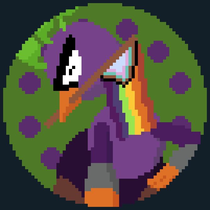 A pixel art of a peafowl with a purple body holding a pride flag with their beak. In the background you can see their tail, completely extended 