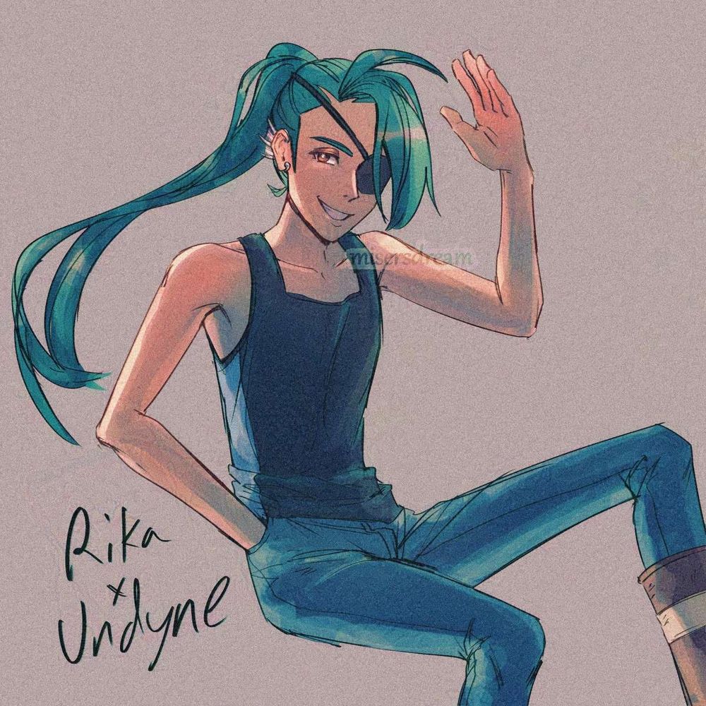Fanart of Rika from Pokemon Scarlet and Violet dressed as Undyne from Undertale. Text reads: Rika x Undyne