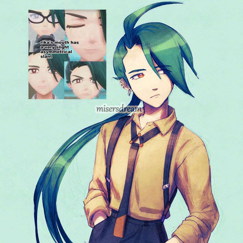 fanart of Rika from Pokemon Scarlet and Violet. In the corner are four screencaps of her face from the game. Text reads "rika's mouth has a very slight asymmetrical slant"