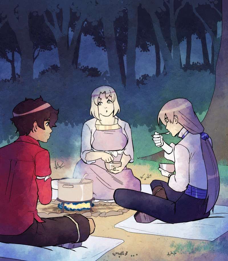 Panel from the webcomic Magic Words. Madge, Elis, and W sit around a cooking pot and eat a meal in a dark forest.
