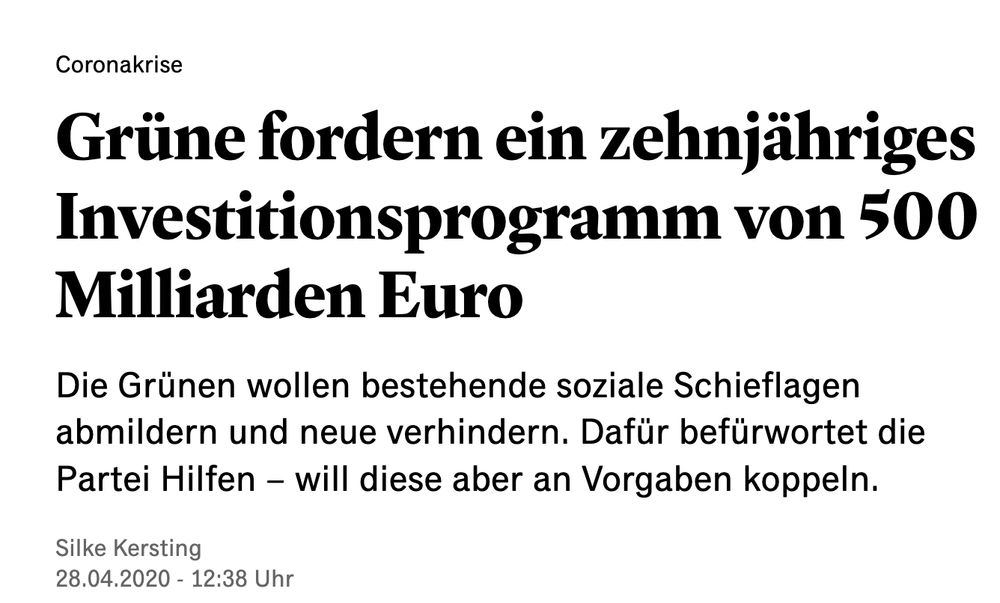 Grüne fordern ein zehnjähriges Investitionsprogramm von 500 Milliarden Euro
Die Grünen wollen bestehende soziale Schieflagen abmildern und neue verhindern. Dafür befürwortet die Partei Hilfen – will diese aber an Vorgaben koppeln. 