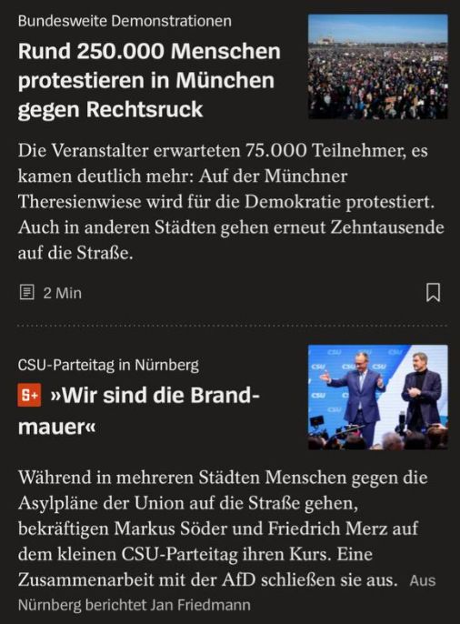 "Rund 250.000 Menschen protestieren in München gegen Rechtsruck." Darunter die Nachricht: Markus Söder beim CSU-Parteitag in Nürnberg: Wir sind die Brandmauer"
