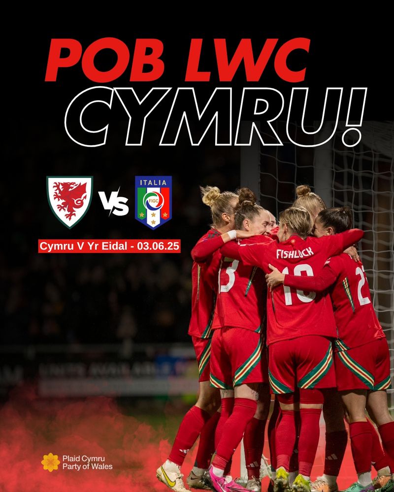 Photo of Wales football players huddling on a pitch and red smoke at the bottom. "Good luck Wales!" in large text at the top and the Wales and Italy football logos with a "vs" in between underneath. "Wales vs Italy - 03.06.25" underneath that in Welsh, in white text on a red banner.