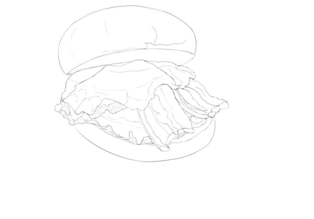 November 24, 2025.

A sketch of a double bacon cheeseburger, with its top bun halfway on and the cheese and bacon particularly visible.