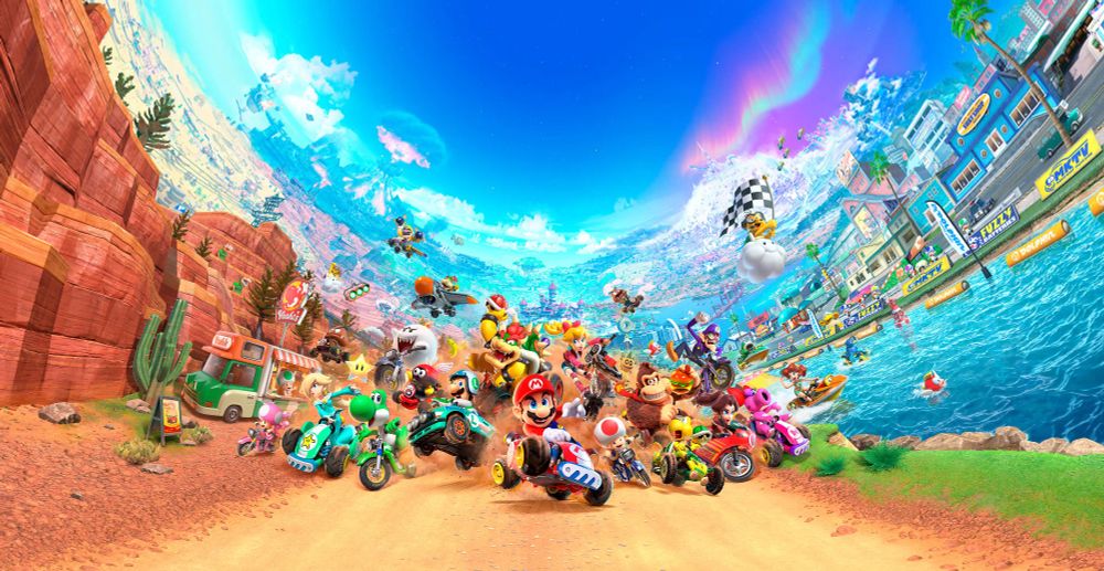 Imagem do jogo Mario Kart World com todos os personagens e seus respectivos carros.