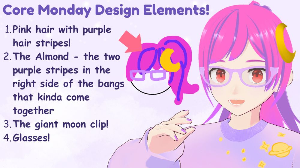 Monday Moon core design elements, next to Monday smiling and a very simplified MSPaint sketch of Monday's face. The text reads:

Core Monday Design Elements!
1. Pink hair with purple hair stripes!
2. The Almond - the two purple stripes in the right side of the bangs that kinda come together
3. The giant moon clip!
4. Glasses!