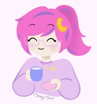 Monday Moon holding a teacup and saucer, drawn in the style of the video game Teacup. It's a soft lineless chibi and very cute.