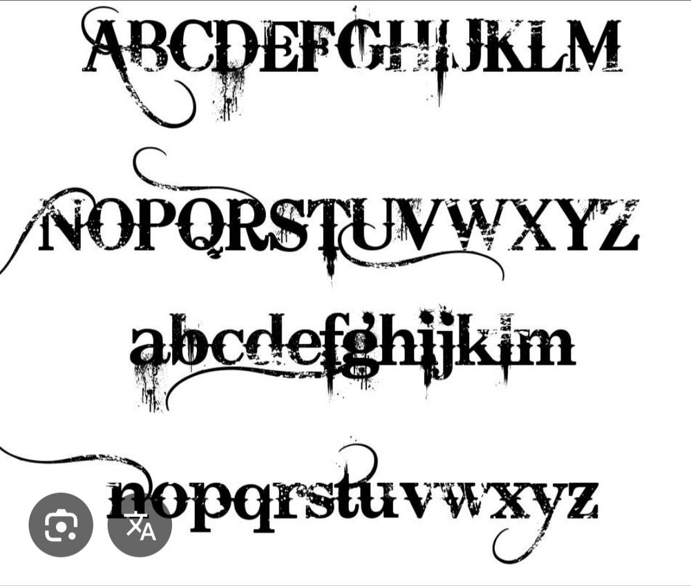 Alphabet écrit en majuscule et minuscule avec la police de caractère "bleeding cowboys", qui se veut (je crois) gothique et flippante.