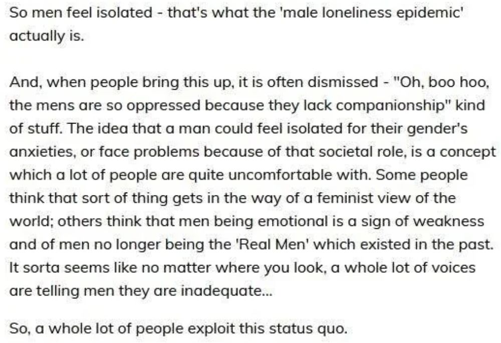 Text on men feeling isolated and the dismissal of their concerns.