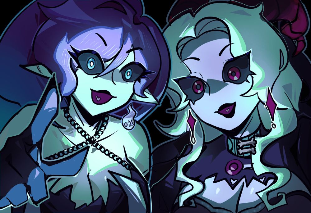 Cartoon drawing of a woman with purple hair and a black dress pointing at the camera alongside a person with black hair/white bangs and a black dress. Both are looking at the camera. 