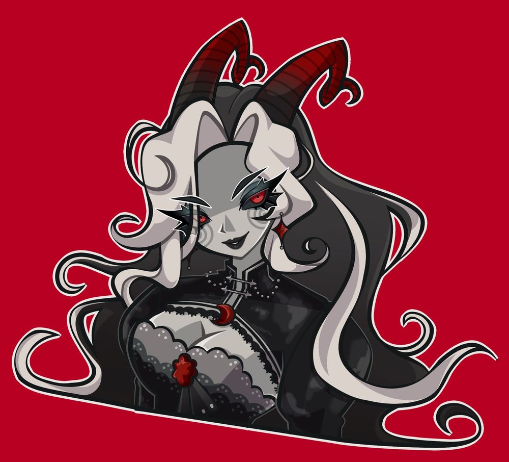 Bust up drawing of a feminine humanoid with curved red horns, long wavy black hair with white bangs, grey skin, gothic makeup, red eyes with black scleras, and a Victorian style black dress. The background is bright red. 