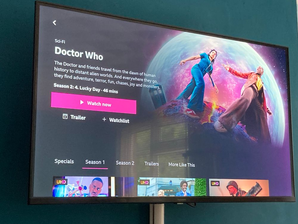 Photograph of a television open to the 
BBC iPlayer page for Doctor Who, with the next episode listed as Lucky Day.