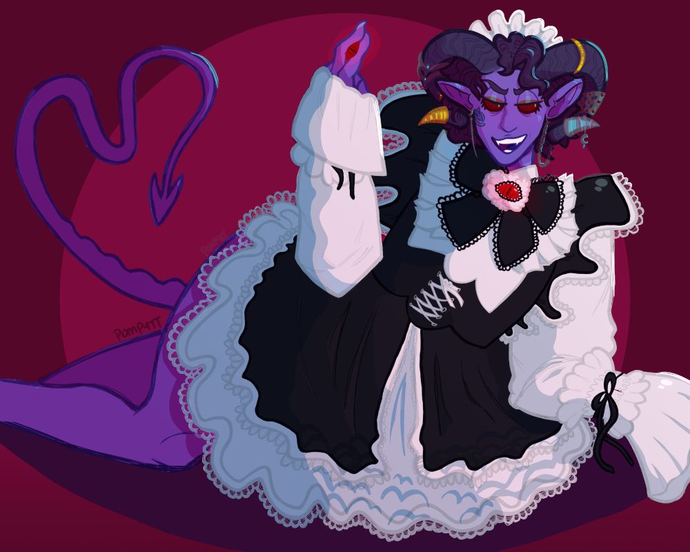 Mollymauk Tealeaf wearing a maid dress.