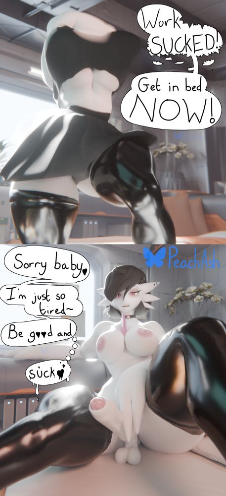 Goth gardevoir, wearing a black shirt, black skirt, and black latex thigh highs, takes off her shirt whilst saying "Work SUCKED! Get in bed, NOW!" Then she is sat on the bed, in only her thigh highs, lightly holding her cock. She says "Sorry baby, I'm just so tired. Be good and... suck."