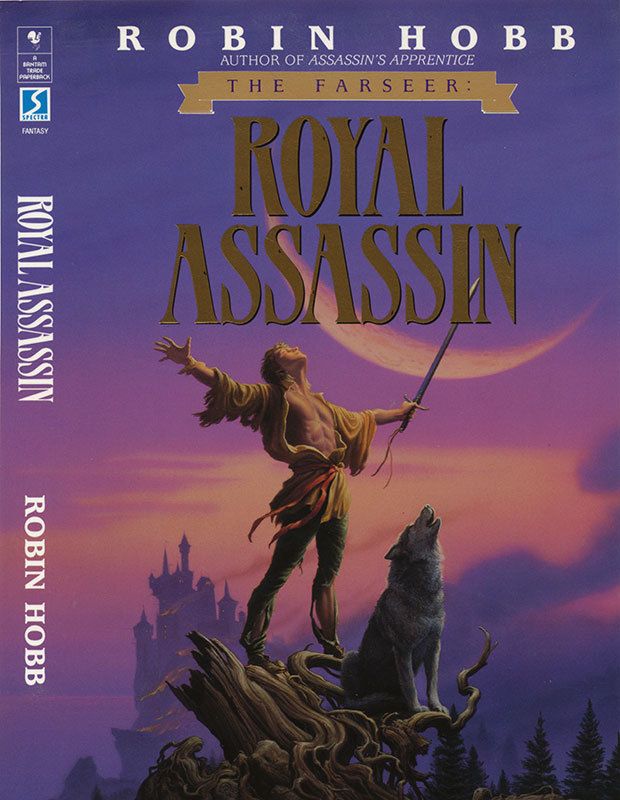 Cover of Royal Assassin by Robin Hobb, depicts a man raising his arms to the moon while a wolf howls beside him, both standing on a gnarled tree with a twilit castle in the background
