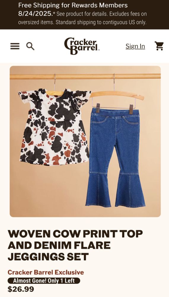 Two garments arw shown on hangers, including a cow print top and some ridiculously flared jeans.