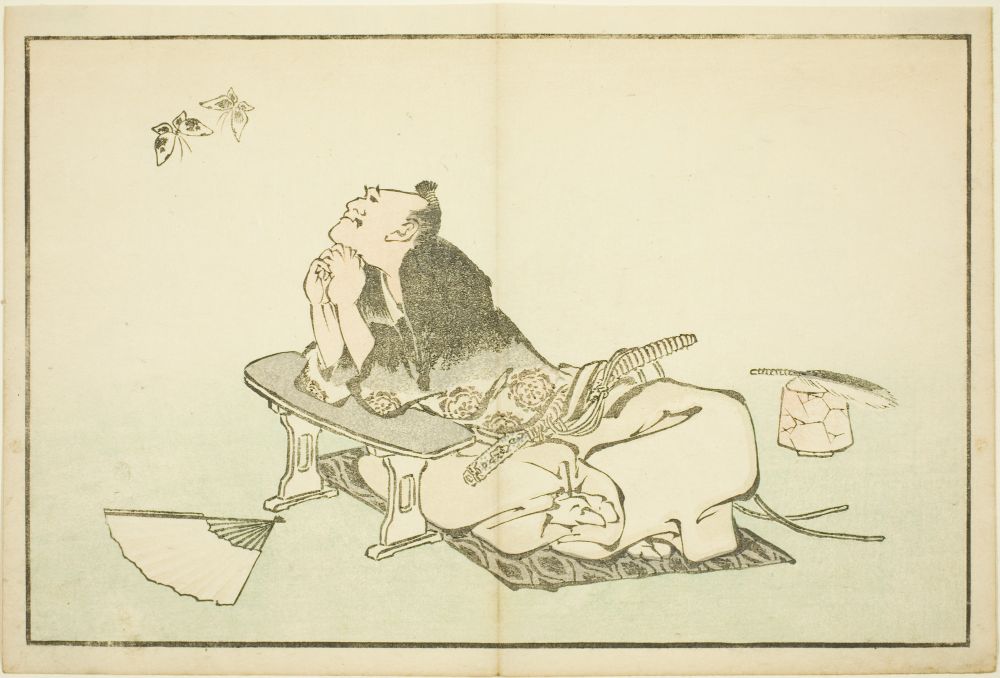A Japanese block print by Hokusai shows a man in a traditional Japanese ensemble from the 19th century happily observing two butterflies.