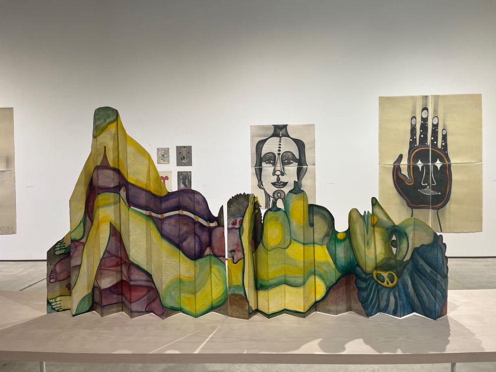 An accordion paper drawing in a gallery shows a colorful profile of a woman rendered in green, another body on top of her. Her body comes to resemble the outline of a mountain.