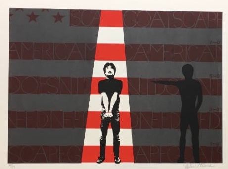 An Asian man with a mustache, his hands cuffed, appears to stand in a spotlight before a U.S. flag. In the shadows, a silhouette points accusingly.