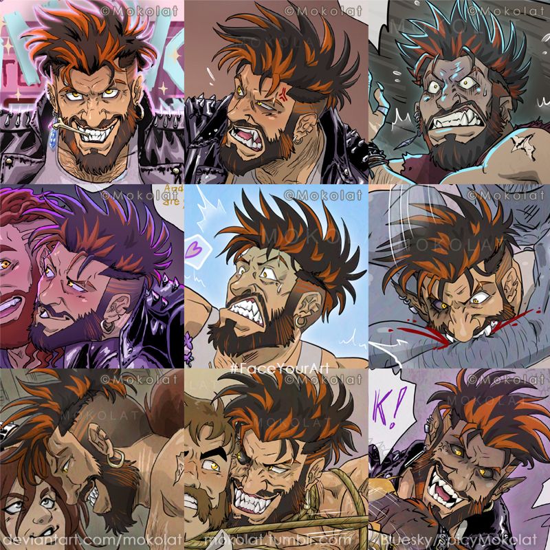 Collage of Connor's different moods and expressions (cocky, annoyed, scared, flirty, feral) along Artfight. 