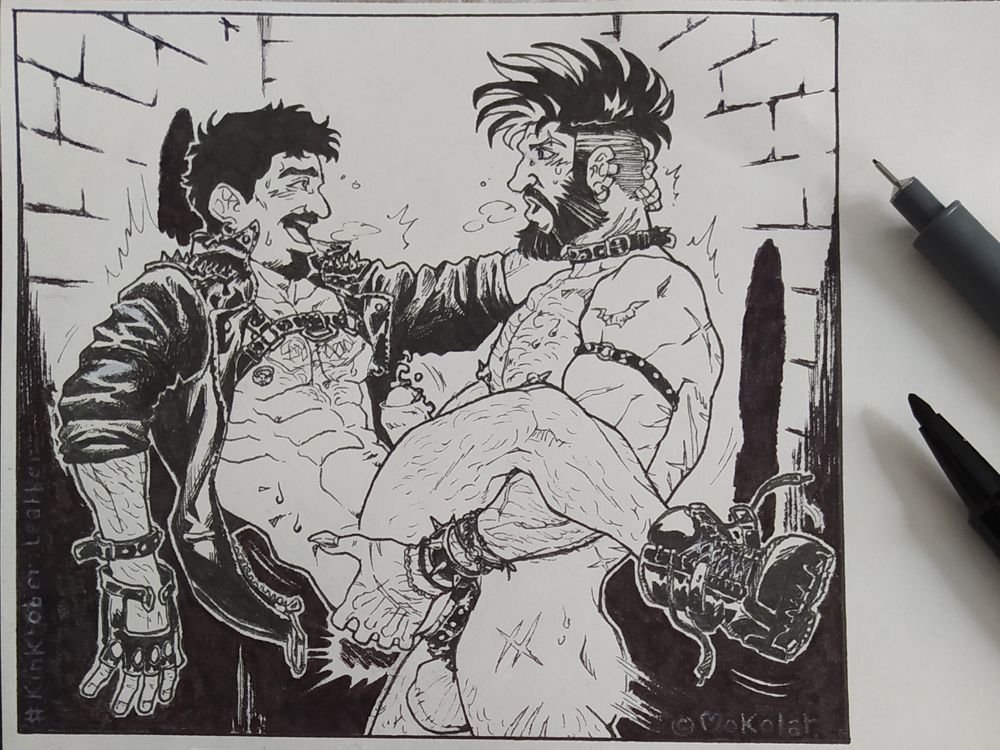 Black and white illustration – fineliner and feltip pen on paper
Connor and Domenico share some quality time in a dark alley. Connor holds his man back to a brick wall, and Dom keeps his balance between Con shoulder and the wall, his legs over the wolfman strong arms, as he thrusts hard in him. Indeed, Domenico is wearing the punkish man favorite leather jacket (with spikes on the shoulders), a harnest, his punkish attires (wristbands, mitten, and other jewels), and his black notched shoes. Connor blows his effort, looking fond at his human. Knowing the effect he has on his weredog, the panting Italian enjoys with a smile~

Keywords : OC, badboy, bad dog, werewolf, bara, buff, gay, bi, lgbt, art, nsfw, erotic, dom, sub, BDSM, traditional art