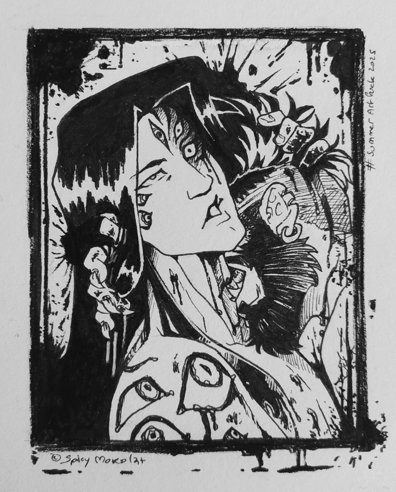 Black and white drawing - fineliner on sketchbook.
Sensual portrait of Ink, a white skinned man with sharp eyes, flat nose and angular face with long fluid black hair looking at the viewer with an half smile while Connor, a punkish man with bicolored hair and beard and werewolf fangs, is lapping his offered throat. 
Ink's hair are melting with graphical splashes of ink in the bacground, and transform into ink flows here and there along his body. His face and shoulder also have horrifics eyes looking in direction of the man kissing his throat like voyeurs witnesses. In in position, busy to taste his throat and a leak of ink along his neck, Connor is anaware about all the monstruousity happening arround him. He seems to be curious or enjoying the ink flow on his tongue and to feel Ink fluid hair between his clawed fingers. By petting his buzzcut part, Ink is dirtying Connor body with his ink. 
The black frame surrounding the whole scene, like painted line, gives the impression to leak on an invisible ground. 

Keywords : badboy, bad dog, werewolf, monster, beast, bara, buff, male, virile, gay, homo, homosexual, bi, bisexual, pan, pansexual, lgbt, relationship dynamic, erotic, NSFW, suggestive, sensuality, sensual, art challenge, human artist ♥