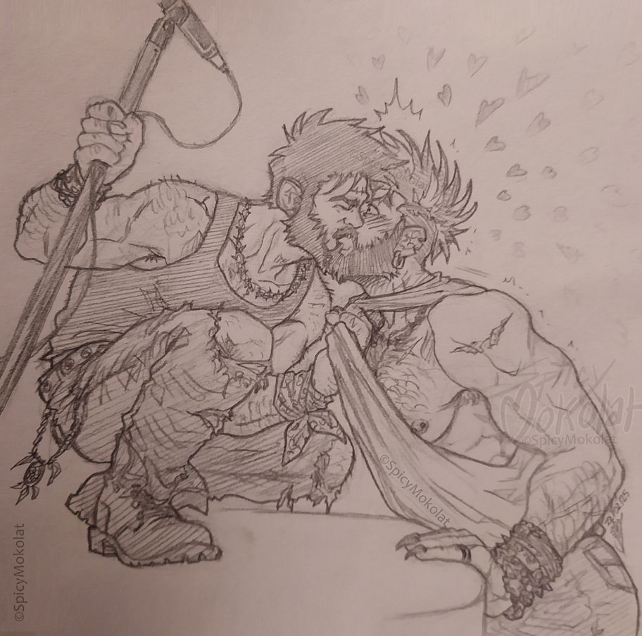 Sketch on paper of Diego (JawZ's OC), a metal band singer, kissing Connor (my OC), a punkish old fan, from the scene where he performes.

Diego crouches at the edge of the stage to pull Con by his tanktop straps. Diego is a skinny-well-tonned man in his 30' with black messy hair and a scruffy beard. He has hairy shoulder and torso, and a scar accross his forehead. He is wearing a black tanktop, a ripped denim and combat boots, with manly jewels, a belt chain with a small dreamcatcher, and a bandana arround his wrist. In the other hand, he holds the bar of his mic time to kiss. 
Di closes his eyes while Con blushes with eyes wide open, surprises to be choosen among the fans. Connor is a 40yo-ish werewolf (human form but claws out), tall and muscular with a bi-colored moawk and beard and many scars. He wears a loose tanktop, a denim, punkish jewels and grabs himself to the edge of the stage. 

About them : Connor leads a life of stray dog traveling the roads to do dirty jobs. He had barely noticed at first, this song among the others playing on his car radio. Was the rythm? The tone? The lyrics? it's become his favorite. Connor fallen in love for a voice. Then for the things the man stired in his gut, in each of his tunes. He became used to a name, and became interested into this mexican singer that accompany him along his roadtrips like a warming presence. 
How many times the man appears in his dreams, from the lighter to the shameful ones?
He had to go to a concert. See him for real. Being an anonym among the crowd was enough, just connecting to the incarnation of his fantasies, to sing the fire in his guts as the idole screams in his mic.
How many chance he had to spoted him among all? To pulled him to himself, and gives him the dreamy kiss even teenage girls never believe to get once?
... How many chance a wolf has to reach for the moon?...

Keywords : OC, badboy, bad dog, bara, buff, gay, bi, bisexual, homo, homosexual, pan, pansexual, lgbt, art, traditional art