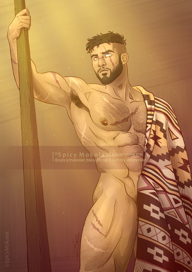 Digital colored full body. Amaren, a brown haired man with a light beard and short hair shaved on sides, stands up in a golden atmospher as he leans to a wooden colonade and looks in what could be a peaceful morning sun rise. 
His expression is pensive with a shy smile, looking off into the distance after having a romantic night encounter...
Right eye of Amaren is golden-hazel colored, and his left eyes is blank because made of glass. Amaren is a well tonned man wearing many larges scars, whites for the oldest to pinkish for the more recent. Hairs covers his chest and draw a visible treasure trail along his abs. The man wears a barbel piercing to his right nipple. A blanket with brown and beige patterns covers half of his body in an aestetic drapé, from the shoulder to the knee.

Keywords : male, bara, buff, manly, virile, gay, bi, bisexual, homo, homosexual, homoerotic, pan, pansexual, lgbt, rpg, DnD, Fantasy, art, nsfw, nsfwart, erotic, alternative versions, commission, commissions, commissionOPEN, I draw for you, human artist ♥