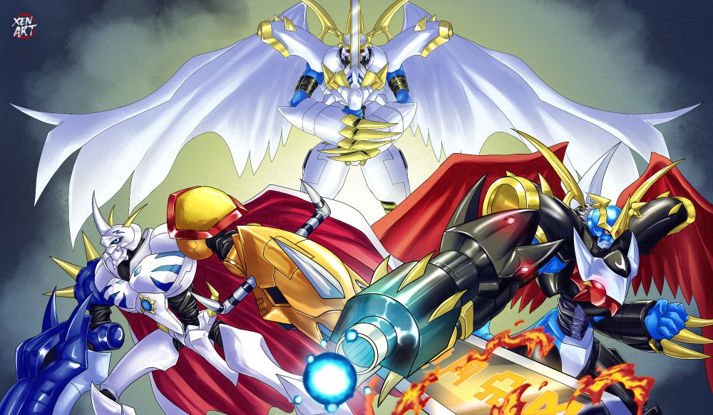 Diseño de tapete para DIgimon TCG. El dibujo tiene una composición en triángulo con e digimon. Abajo a la izquierda, Omegamon mira a hacia la izquierda en 3/4 con el brazo izquierdo estirado hacia cámara haciendo un escorzo y cruzando su espada por debajo del cañón de Imperialdramon Fighter Mode. A la derecha, Imperialdramon Figther Mode mirando hacia la derecha en 3/4 con el brazo derecho estendido hacia cámara, mostrando su cañón y cargandoo su láser. Al fondo y sobre ellos, está Imperialdramon Paladin Mode sujetando su mandoble frontalmente