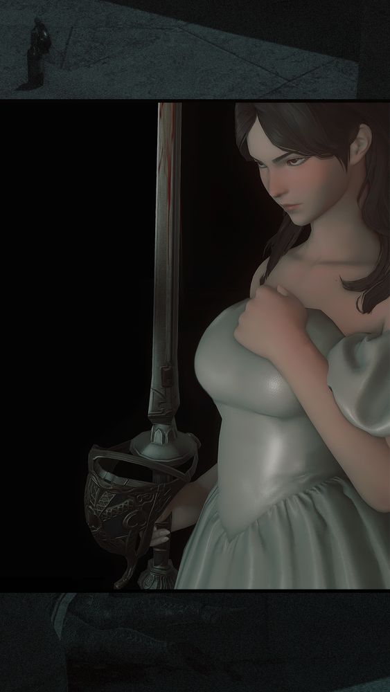 A brown-haired midlander woman is set against a plain black background. She's wearing a white formal dress and holding a sword. Her expression is cold, and a small amount of blood is on the pointy end of the sword.