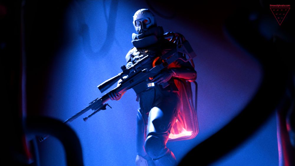 A futuristic, drug riddled soldier lurks in the gloom.