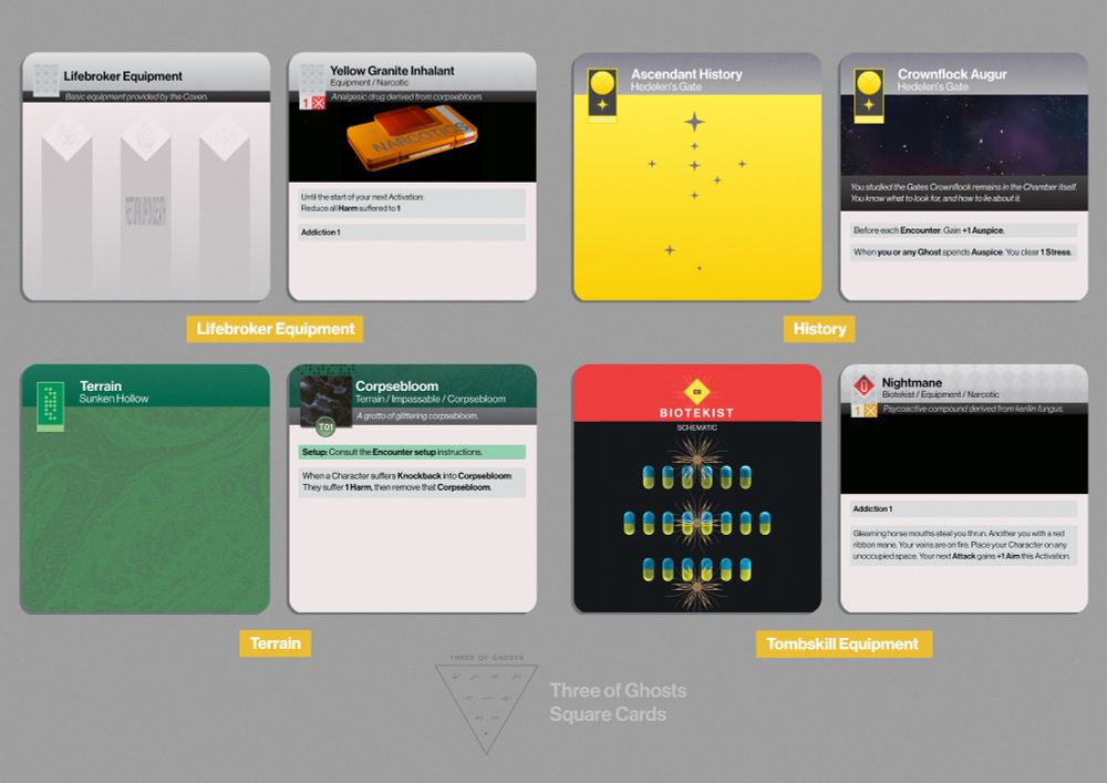 A selection of cards showing the graphic design for a tabletop skirmish game.